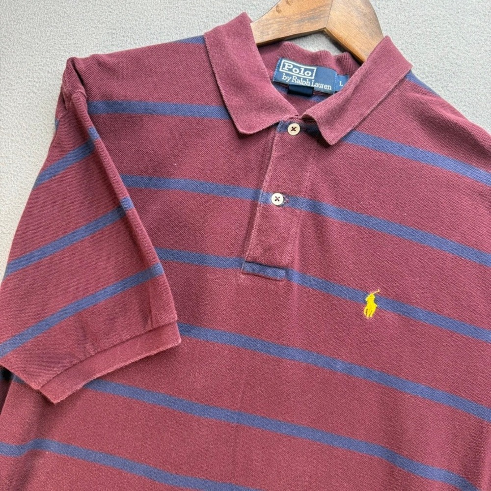 Polo Ralph Lauren Polo Mens L Maroon Striped Short Sleeve Classic Fit Pique